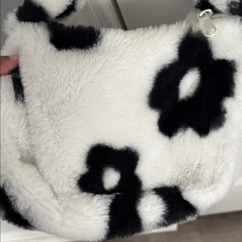 Black and white faux fur shoulder bag